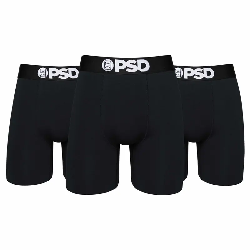 PSD Mens Black Solids Boxer Brief 3 Pack - Standard Length 7 Inch Inseam, Moisture-Wicking 4-Way Stretch Cotton Fabric Breathable Classic