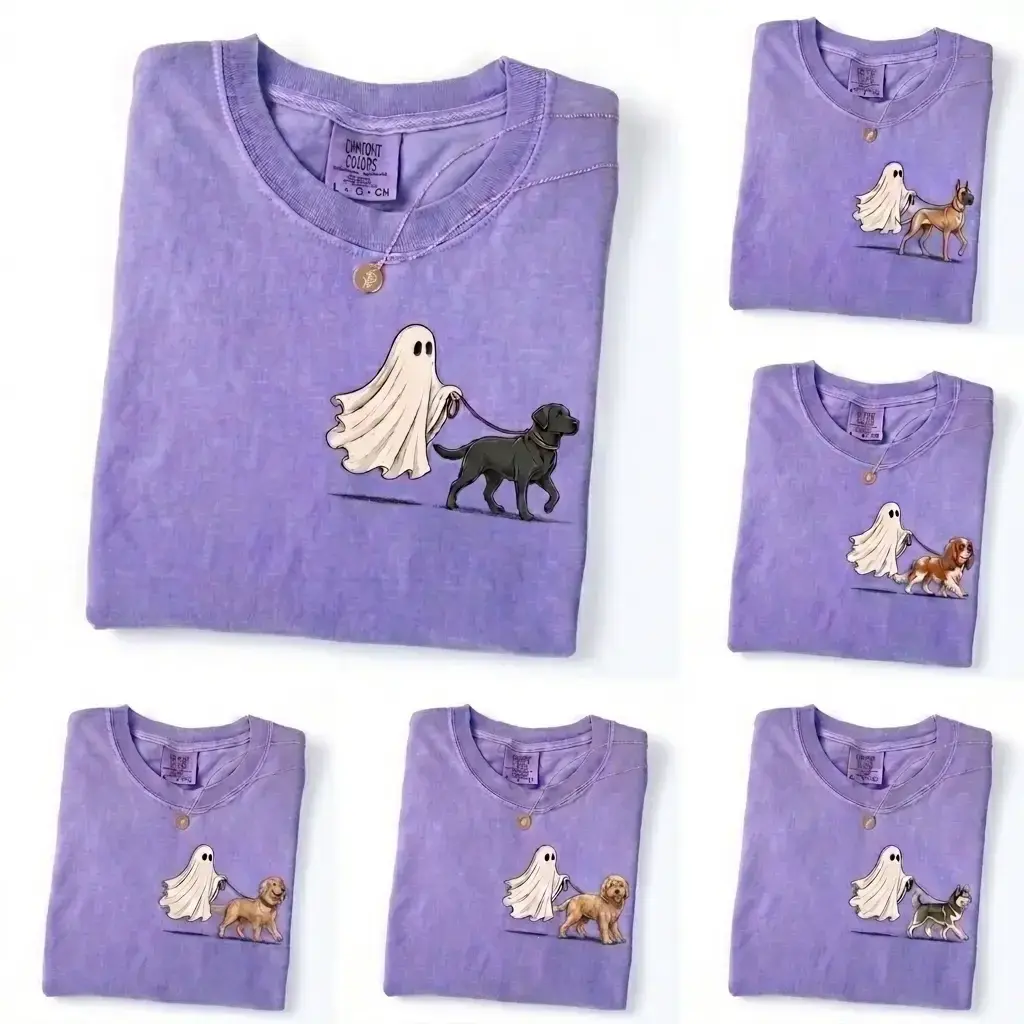Comfort Colors Halloween 50+ Dog Breeds Ghost Walking Dog Halloween T-Shirt, Cute Ghost Pocket Print Tee for Dog Moms, Spooky Season Fall Graphic T-Shirt, Funny Halloween Gift for Dog Lovers