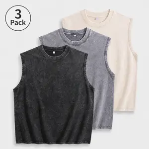 Men's 3-Pack 210G Heavyweight Washed Round Neck Tank Tops, Unisex Sleeveless Menswear Basics, Vintage Oversized Black+Grey+Apricot Summer Streetwear for Training & Fitness