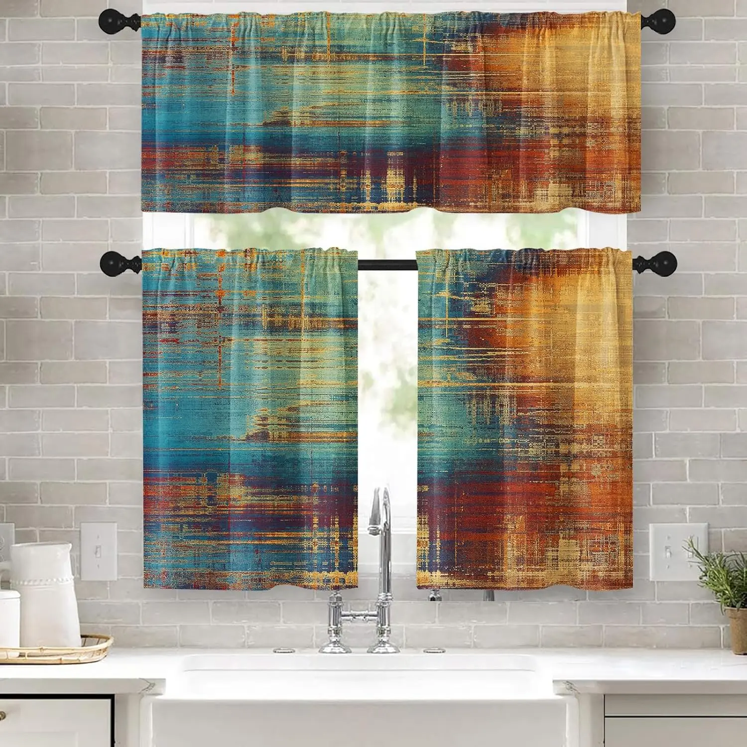 36 Inch Kitchen Curtains Farmhouse Window Curtains and Valances Set of 3, Blue and Orange  Abstract Messy Rust Short Tier Curtain,  Small Kitchen Decor