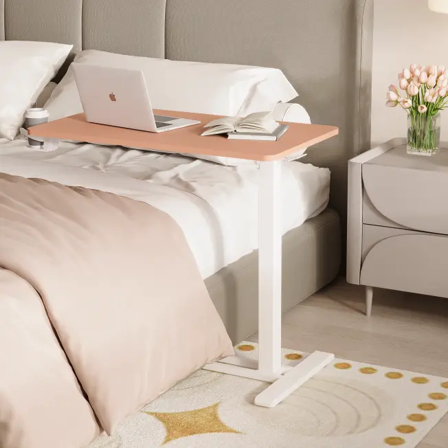 【SummerVibes】H7 Adjustable Gas Spring Mobile Bedside Table with Wheels - Rectangular Tabletop, Height Range Adaptable, 15lb-29lb Max Load Capacity, Portable Stand-Sit Computer Workstation, Indoor Furniture for Home Office Small Spaces