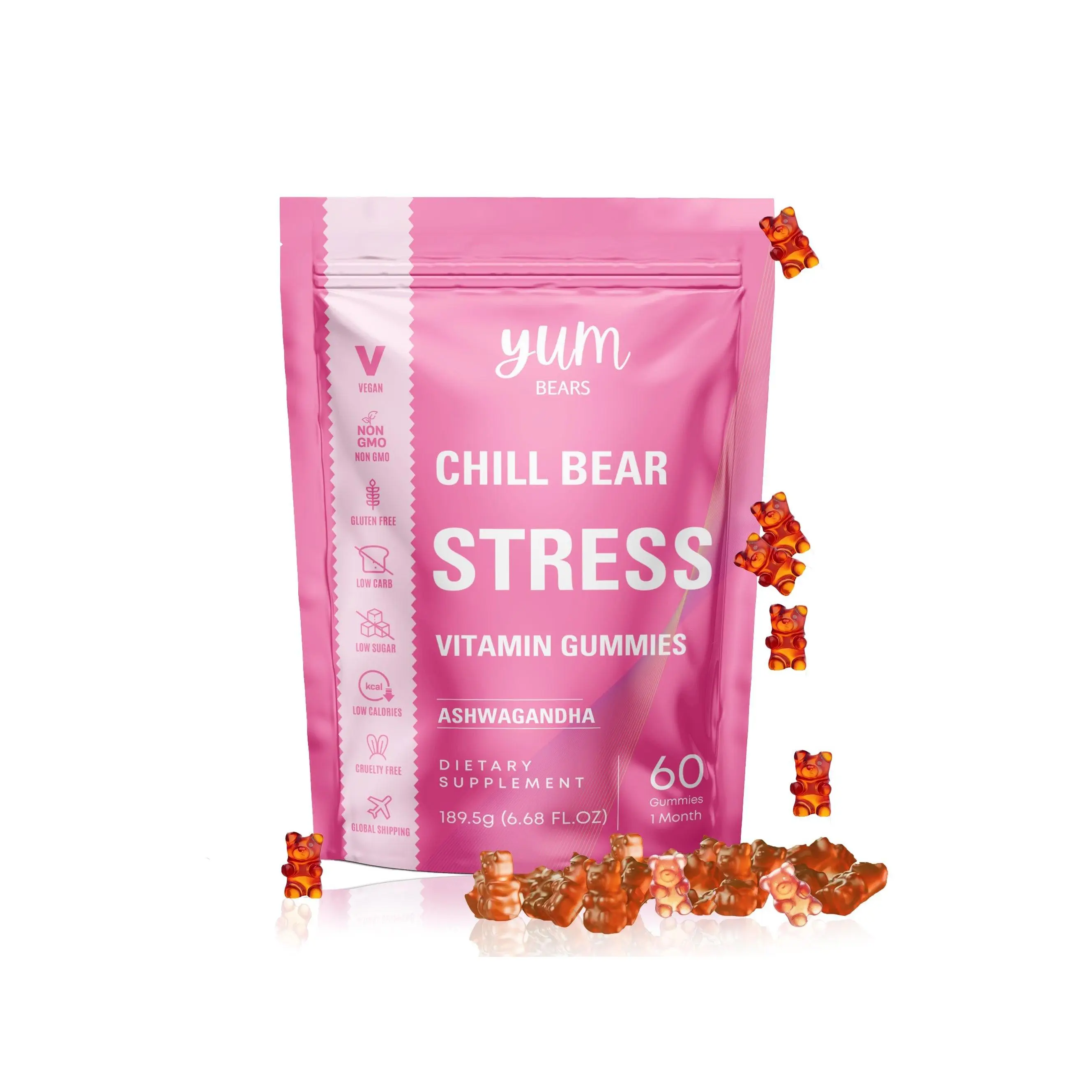YumBears Chillbear STRESS GUMMIES: Ashwagandha, GABA, Chamomile.  A calmer, focused you. The curated formula helps provide additional support for anxiety, cognition and energy.  Low Sugar, Vegan, and Eco Friendly Packaging