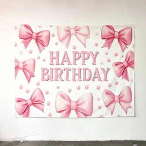 Happy Birthday Bow Pattern Photography Background, Bow Pattern Birthday Party Backdrop, Party Decoration Supplies for Indoor and Outdoor, Banners, Party Decorations Banners