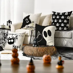 4pcs Halloween Pillow Cover, Horror Ghost BOO Cushion Cover, Black Cat Spider BOO Pillow Cover, 18x18 inches, perfect gift for sofa indoor and outdoor decoration, home decoration room decoration, Halloween decoration (without pillow core)