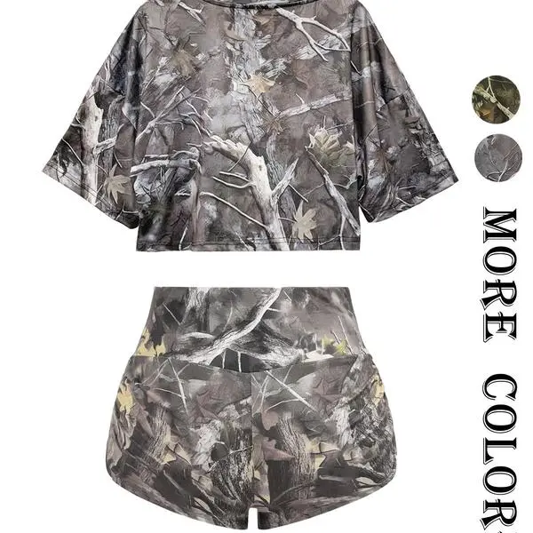 Women's Summer Fitted 2-Piece Clothing Set - Round Neck Short-Sleeve Crop Top, High-Waist Shorts, Retro Prints & Solid Colors, Comfortable Fabric, Crop-Top Trend, Ideal for Vacation & Daily Wear, Perfect Gift Choice
