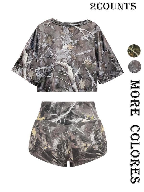 Women's Summer Fitted 2-Piece Clothing Set - Round Neck Short-Sleeve Crop Top, High-Waist Shorts, Retro Prints & Solid Colors, Comfortable Fabric, Crop-Top Trend, Ideal for Vacation & Daily Wear, Perfect Gift Choice