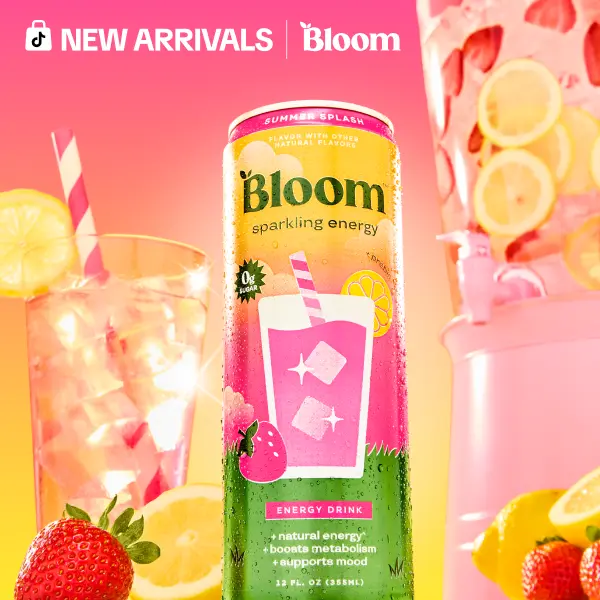 Summer Splash - Bloom Sparkling Energy Drink - Limited Time Flavor - Natural Caffeine, Zero Sugar, 180mg Caffeine - Antioxidant-Rich with Green Coffee Bean, Green Tea Extract, Prebiotics, 12oz 12 Pack