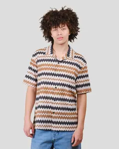 Brooklyn Cloth Zig Zag Jacquard Camp Shirt, Textured Retro Stripe Button Up, Relaxed Fit, Straight Hem, Open Camp Collar, Neutral Multi Color, [Size]