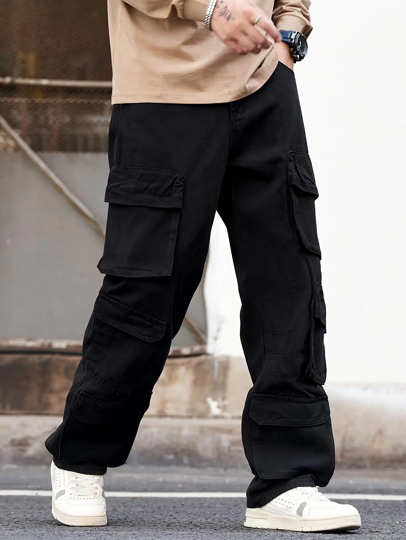 Men's Casual Work Pants in a Smooth Cotton Blend, a Solid Loose-Fit Style with Multiple Pockets for All-Season Wear, Polyester, Viscose, Menswear, Trouser, Fabric