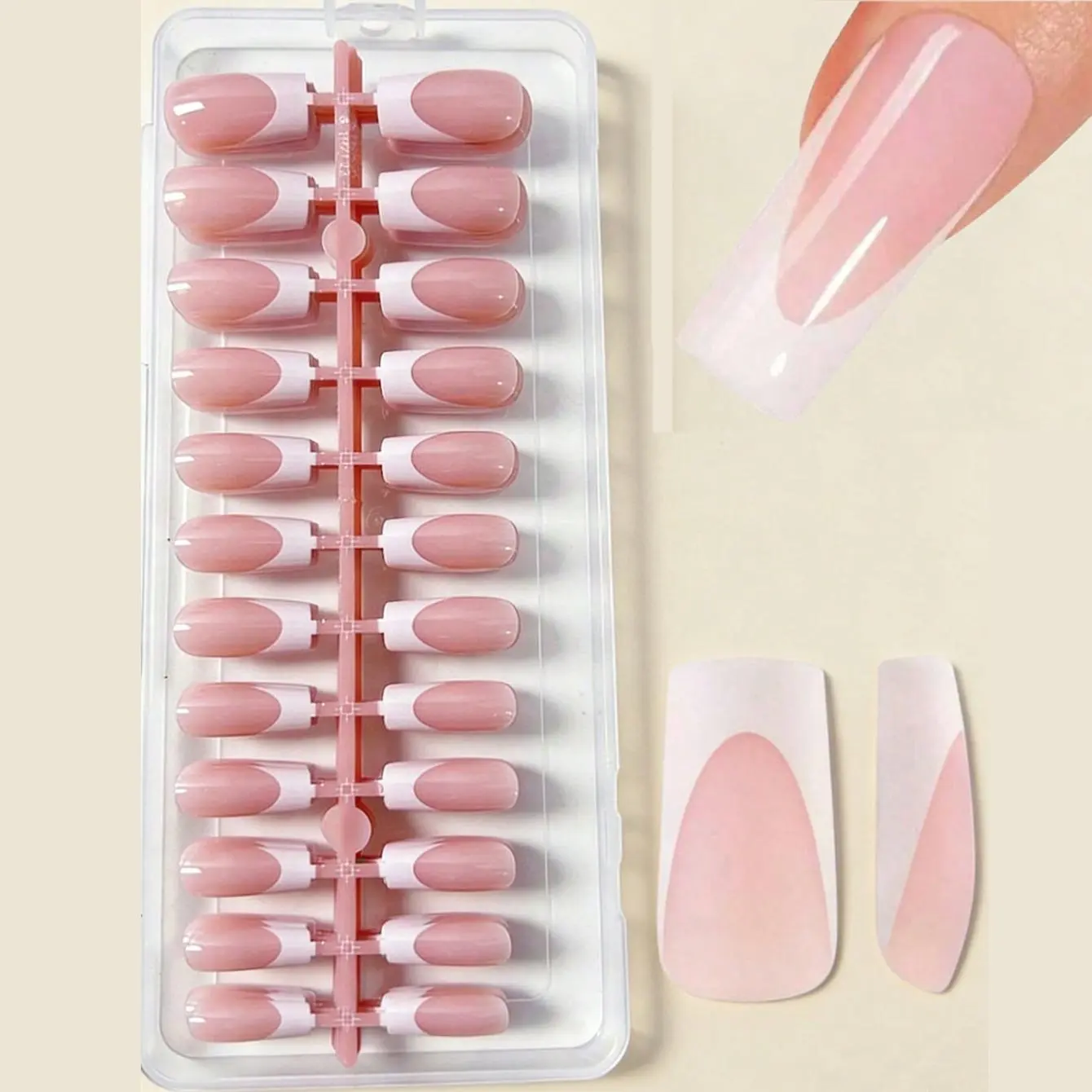 120pcs Light Pink And White French Square Acrylic Fake Nails Available In 12 Different Sizes Suitable For Diy Manicures