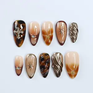 Terra Nails - Press On Nail Golden Tortoise Shell | 3D Gold Swirl & Star Accents in Medium Almond | Handmade Elegant Art for Holiday, Party, Birthday - TN37