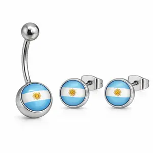 Argentina Flag Combo - Stainless Steel Belly Button Ring & Silver Earrings Set with Flag Design.