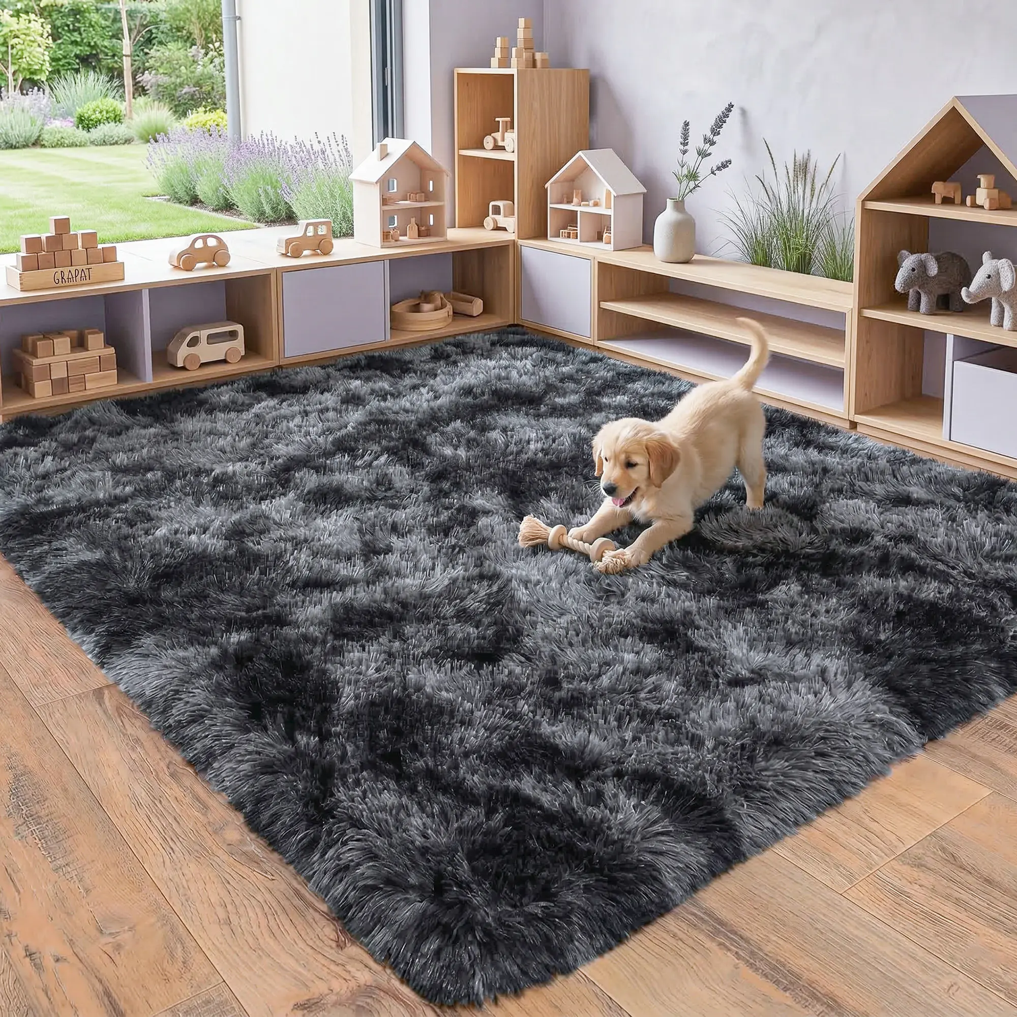 【Back to School】Gradient Black Gray Tie Dye Shag Rug, Thick Non Shedding Plush Carpet with Non Slip Rubber Back, Noise Reducing Pet Friendly Floor Mat for College Dorm, Small Apartment, Teen Bedroom & Living Room