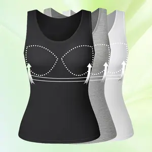 Womens Camisoles Tops with Built in Padded Bra Basic Breathable Tank Top, Ladies Basic Wide Strap Tank Top Round Neck Summer Cami With Built-in Shelf Bra Plus Size Tanks S-3XL