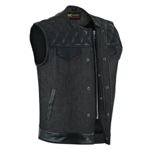 MC Gear Supply Mens Black Denim & Leather Biker Vest Black Stitching Quilted Yoke Motorcycle Club Style Waistcoat MC20305