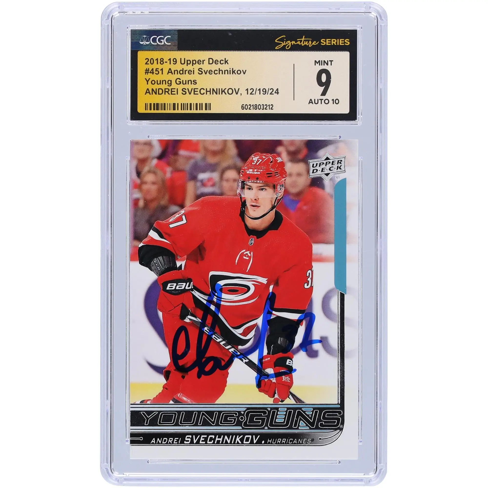 Andrei Svechnikov Carolina Hurricanes Autographed 2018-19 Upper Deck Series 2 Young Guns #451 CGC Fanatics Witnessed Authenticated 9/10 Rookie Card - Fanatics Authentic Certified