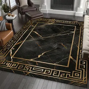 Luxury Black Marble with Greek Key Gold Border Flannel Area Rug - Modern Geometric Print Soft Mat for Living Room & Bedroom, Non-Slip Elegant Home Decor Rugs #LuxuryMarbleRug #GreekKeyBorderMat #ModernGeometricDecor #ElegantHomeDecor #NonSlipFlannelRug