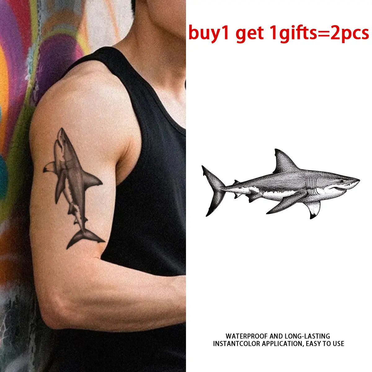 Tech Shark Series Realistic Animal Temporary Tattoo Stickers - 2 Sheets Semi-Permanent Waterproof Lifelike Fake Tattoos, Single Item for Men Women, All Skin Types Ideal for Swimming, Party, Beach