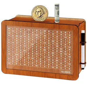 Brown Wooden Unisex Large-Size $10000 Savings Challenge Box - Cash Vault Kakeibo Money Bank with Counter, Dry-Erase Pen, Decorative Cash Coin Piggy Bank for Adults, Home Supplies Gift