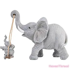 2-piece Cute Elephant Swinging Resin Ornament Set, Mini Handmade Decorations, Home Desktop Display Stand, Decorative Gift Set