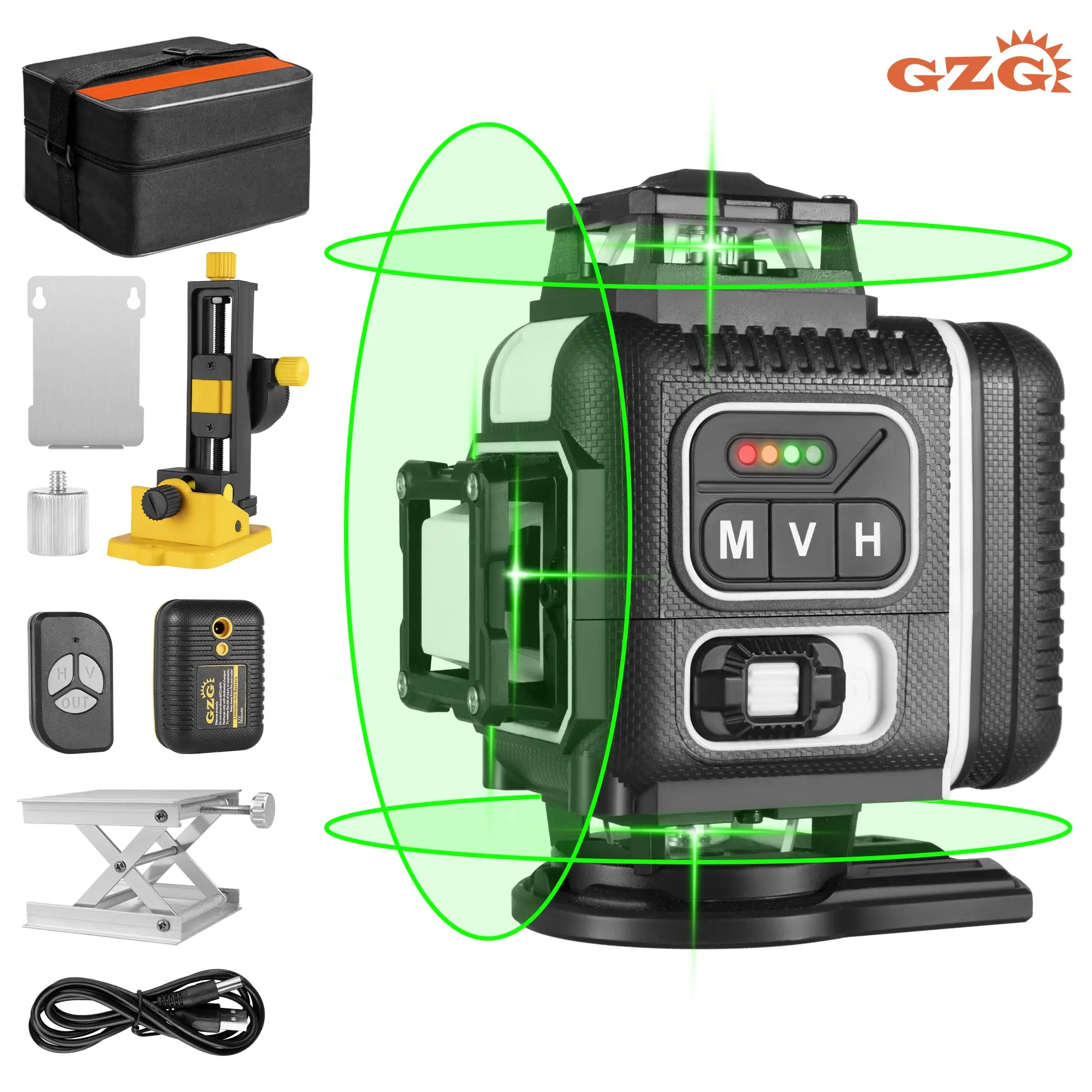 GZG Laser Level, Self Levelling Laser 4x360 Self Leveling 16-Lines Green Beam 4D Cross Professional Line Laser Tool, Pulse Mode Laser Level with 1 Battery & Remote Controller & Lifting Base for Construction Tiling Picture Hanging