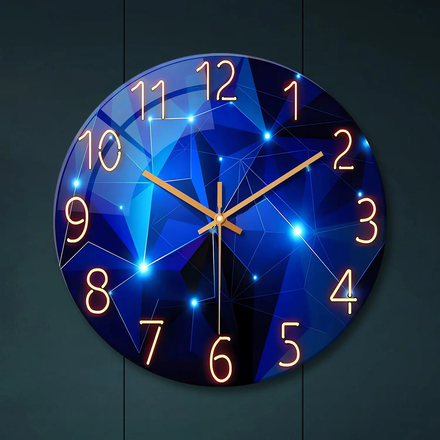 Modern Geometric Wall Clock, Deep Blue with Accents, Silent Non-Ticking Movement, 4mm Tempered Glass, Living Room Decor, Office Decoration, Home Decor, Creative Decorative Clock