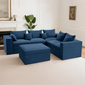 96'' Modular Sectional Sofa, Cloud Boneless Couches with Deep Seat, 3 Seat L-Shaped Sofa Couches with Ottoman, L-Shape Corduroy Sectional Couches for Living Room No Assembly