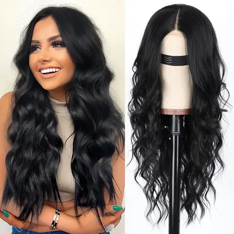 [AISI HAIR] Synthetic Lace Front Wig for Women - 26-in Heat Resistant Middle Part Black Soft Wave Daily Wear Synthetic Wig for Adults, Travel & Wedding Occasions
