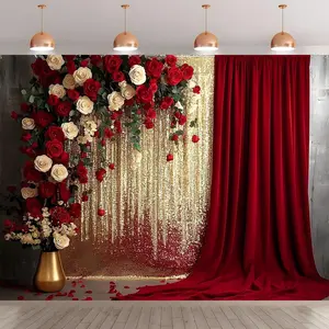 Rose & Glitter Curtain Backdrop, 1 Count Romantic Elegant Wedding Party Background, Wall Decoration for Birthday Anniversary Party, Banner, Multicolor, Sequins Backdrop Panels
