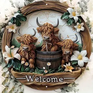 1pc 8"X8" Charming Highland Cow & Lily  Sign - UV Resistant, Scratch-Resistant, Easy To Hang Indoor/Outdoor Halloween Decor, Random Hole Position Design,Home Decor ,Room Decor,Wall Decor Gifts Birthday Graduation Decoration Items Iron