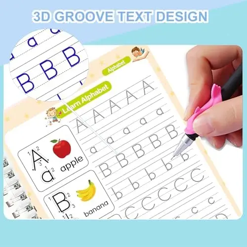 Magic Practice Scribe Book Set, 4 Counts/set Reusable Number & Letter & Math & Drawing Practice Scribe Book with 1 Pen, 6 Refill & 1 Pen,mess free and useful
