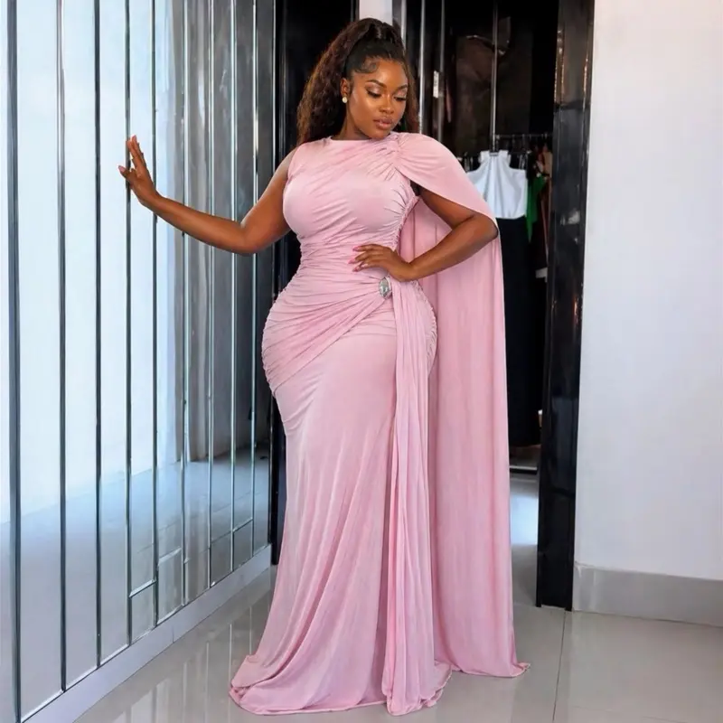 Women's Elegant Orchid Pink Asymmetric Sleeveless Floor-Length Maxi Dress - Formal All-Pink Festive Party Clothes with Ruched Fabric Detail, Dramatic Cape, All-Pink Party Dresses