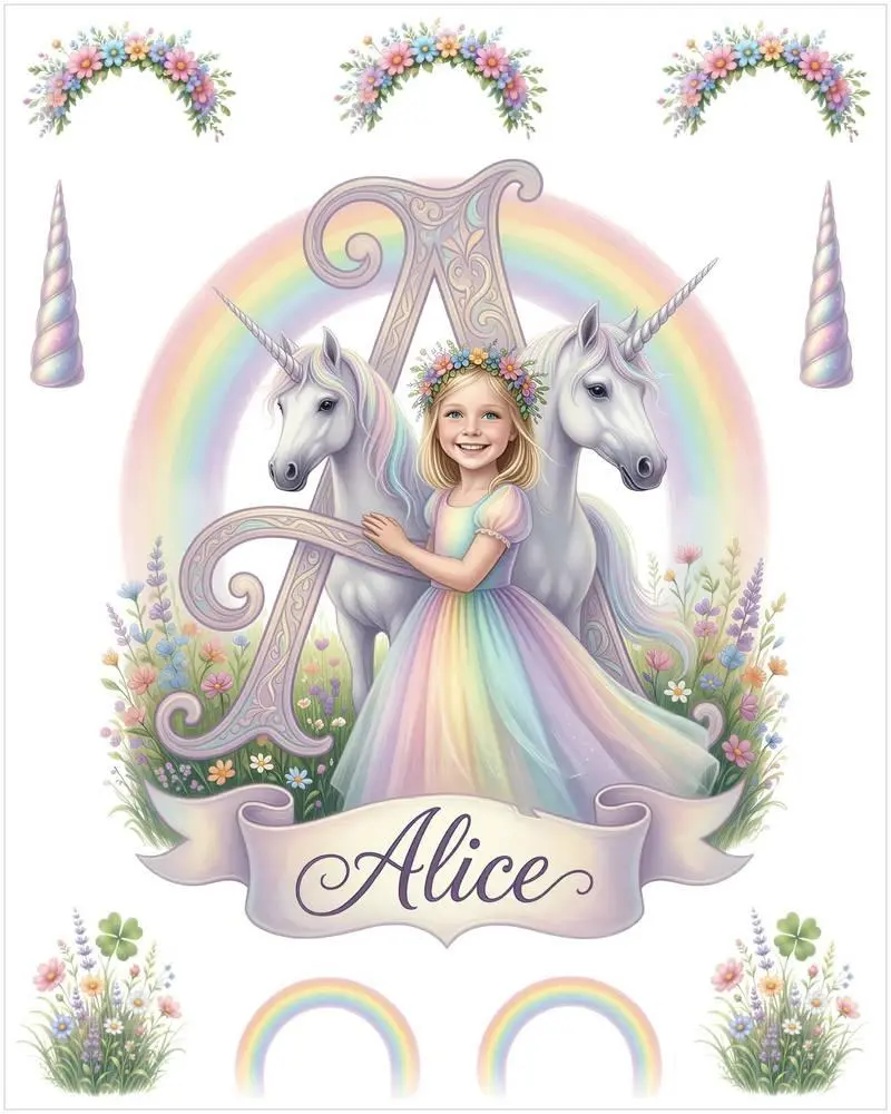 Personalized Princess Wall Decal Set, Custom Girl Portrait from Photo, 10 Piece, Unicorn Meadow