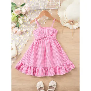 Toddler Girls Brown Gingham Bow Front Spaghetti Strap Sundress Ruffle Hem Plaid Cottagecore Dress, Sweet Summer Outfit For Picnic Garden Trip Kid Portrait Shoot Beach Casual Wear