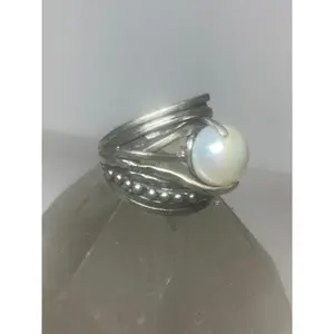 Pearl ring cigar size 7 band beaded  Israel sterling silver women girl