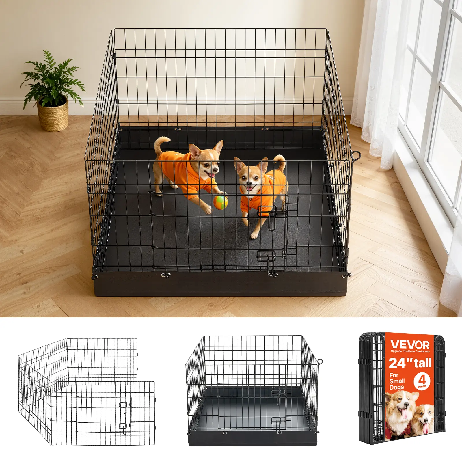 VEVOR 24-Inch Tall Heavy Duty Metal Frame Indoor Dog Playpen - 4 Foldable Panels, Waterproof Bottom Pad, L-Shaped Door Latch, Thickened Connecting Rod, Compact Storage, Easy to Clean Indoor Fence for Small Dogs