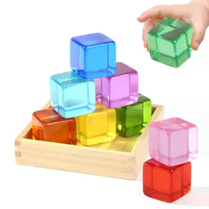 Woodtoe 9 PCS Large Rainbow Acrylic Blocks for Toddlers, Montessori Stacking Blocks Set for 1 Year Old, Clear Jumbo Acrylic Gem Blocks with Wooden Box, Educational Sensory Learning Toys Birthday Valentines Day Gift for Baby Boys Girls 1 2 3 Years