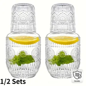 Elegant Glass Bedside Kettle And Cup Set With Lid - Clear Glass Kettle And Cups, Durable Glass Construction, Modern Decorative Drinking Set, Suitable For Bedroom, Office, Stylish Bedside Table, Glass Kettle.