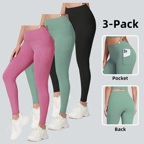 3/6 Packs High Waist Yoga Pants with Pockets Tummy Control for Women's Workout & Running Leggings Basic Minimalist Women'swear Stretchable Activewear Elegant Gym Outfits