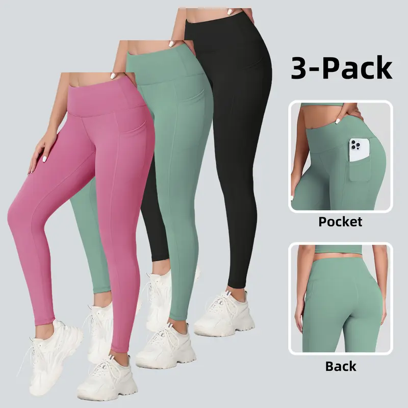 3/6 Packs High Waist Yoga Pants with Pockets Tummy Control for Women's Workout & Running Leggings Basic Minimalist Women'swear Stretchable Activewear Elegant Gym Outfits