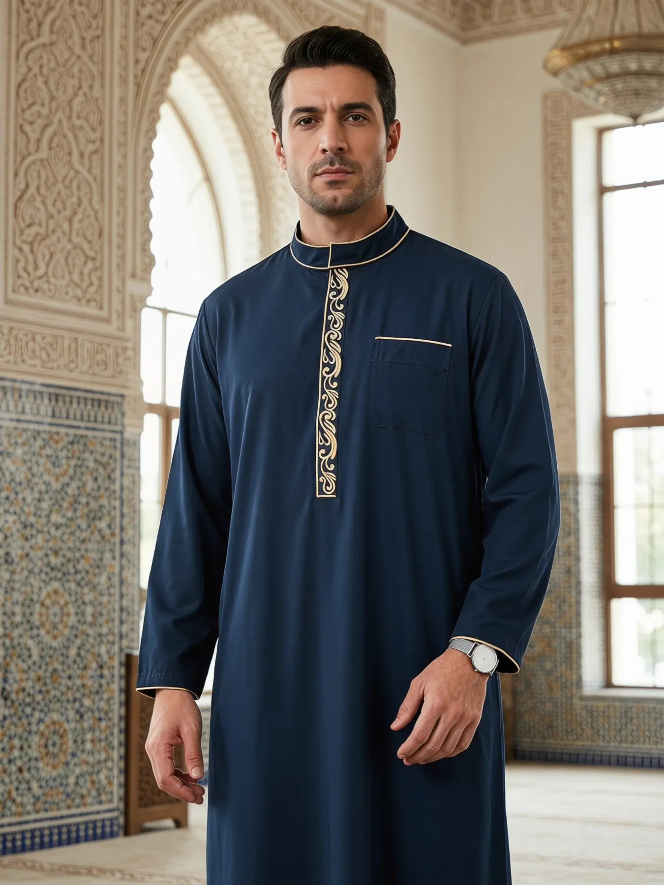 Islamic Traditional Men's Robe, Stand Collar Long Coat, Fashionable Daily Wear, Ramadan Eid Festival Clothing, Gift Idea, Islamic Thobe, Muslim Thobe, Arab Thobe For Muslim