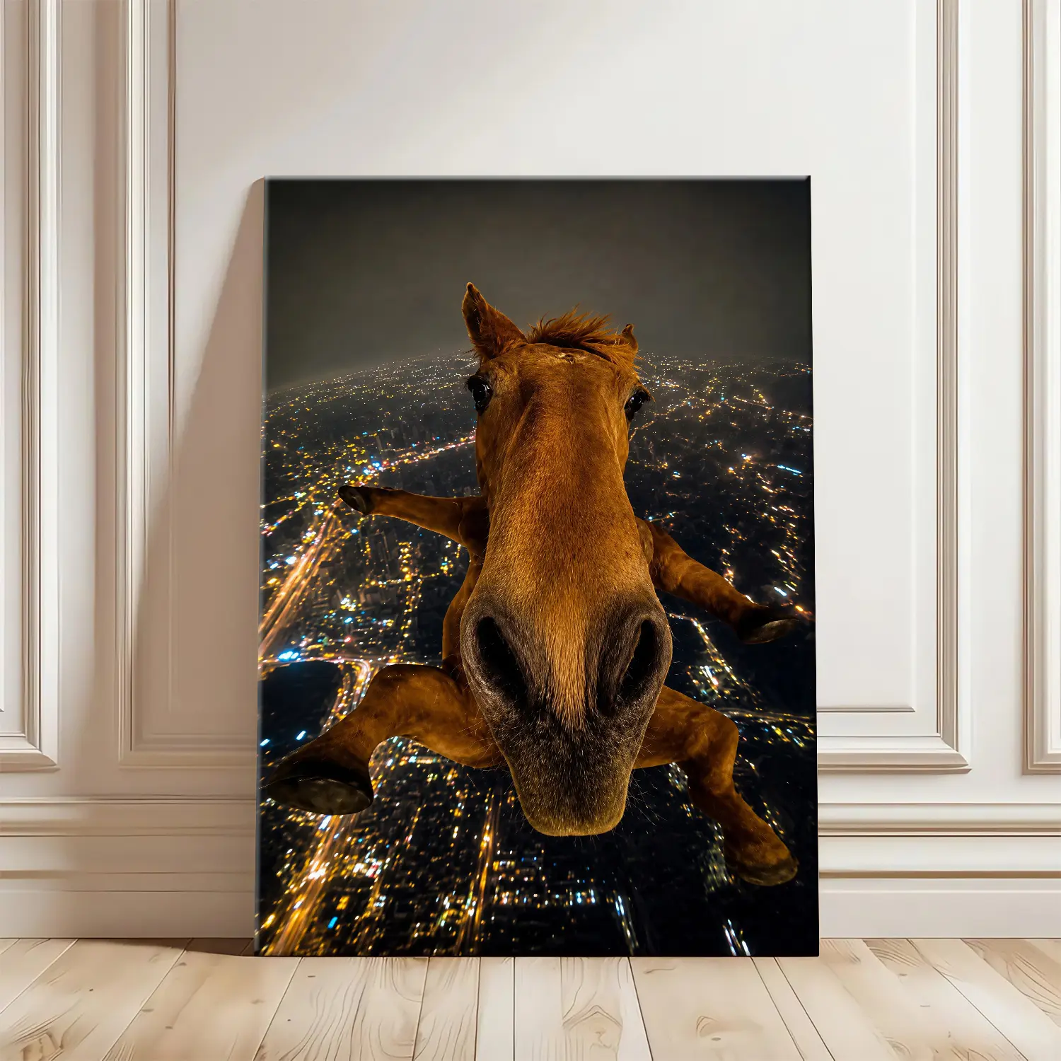 Funny Fisheye Flying Horse Meme Canvas Wall Art - Surreal Night Cityscape Poster Print - Quirky Room Decor for Man Cave Game Room - Hilarious Gag Gift for Bros Dad Father's Day