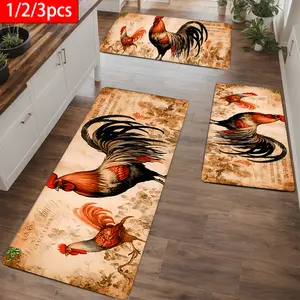 1/2/3pcs Spring Vitality Rooster Style Kitchen Carpet Set |   Flannel Material, Dry Nonslip, Soft Comfortable, Easy to Clean, Suitable for Bathroom, Door Mat, Bedroom, Living Room, Porch, RV Decoration