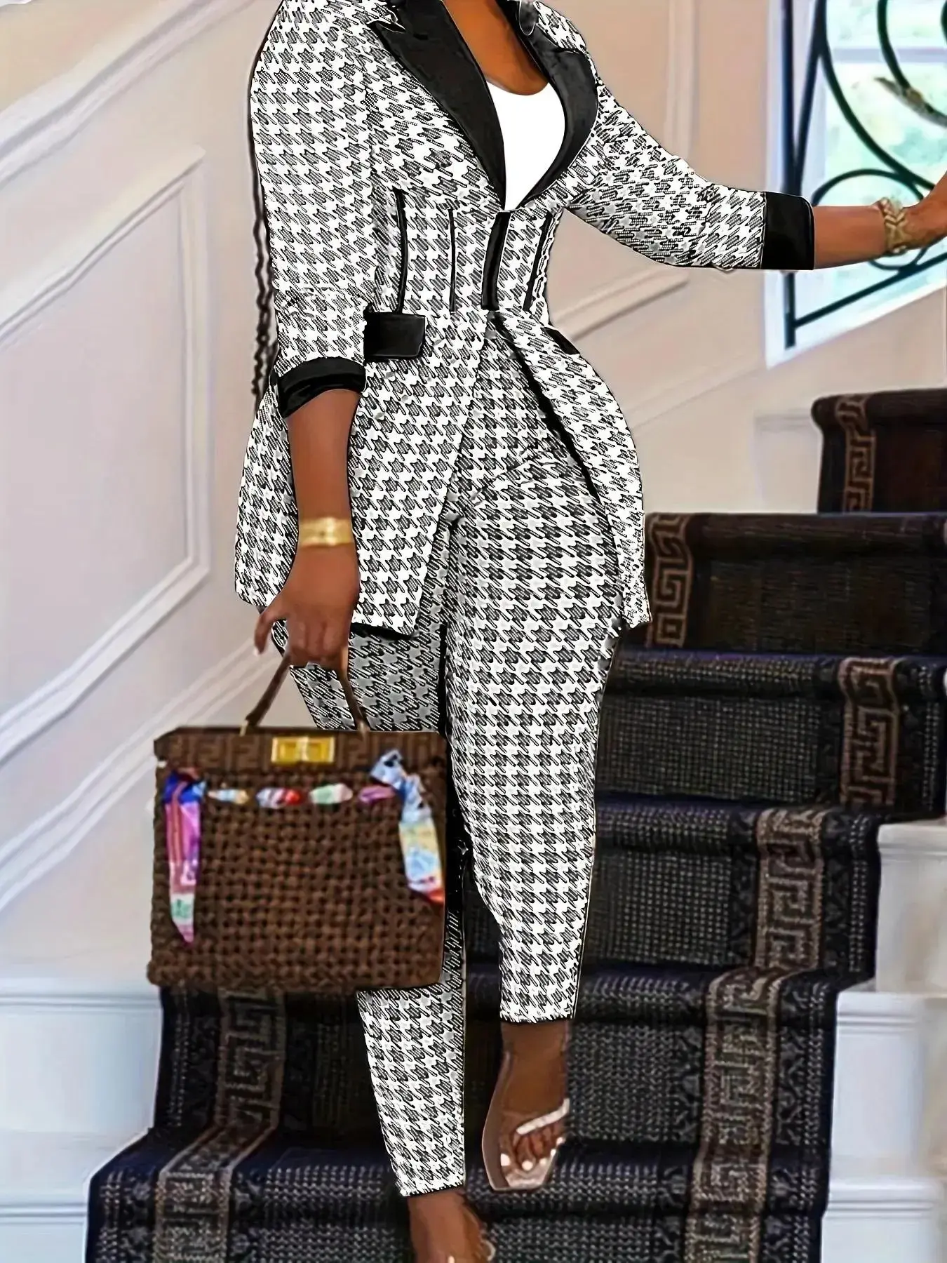 2 Counts Women's Houndstooth Print Pocket Suit Sets, Business Zipper Blazer & Suit Pants, Ladies' Outfits for All Seasons