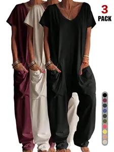 Women's Fashion Oversized Harem Jumpsuit, Bohemian Style One Piece Romper, Short Sleeve Fitted Casual Suit, All Seasons Plain Pattern, Relaxed Fit, Comfort Wear, Casual Cool, Stylish, Trendy, On Trend
