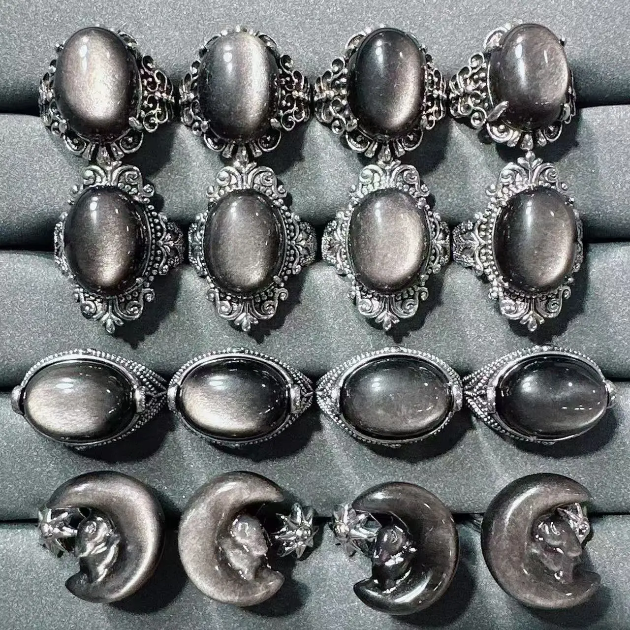 Multi-Style Natural Silver Obsidian Inlaid Adjustable Open Ring, Hot Selling Fashion Jewelry for Women