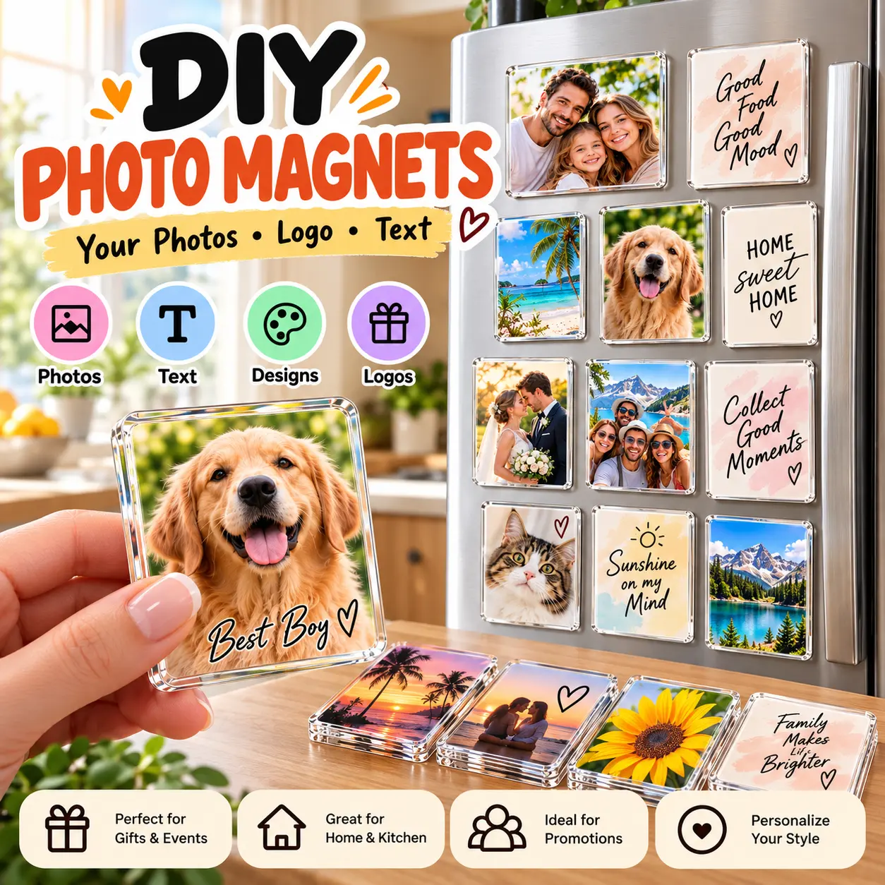 Custom Rectangle Acrylic Refrigerator Magnets, Personalized Photo Picture Magnets with Custom Text, Logo or QR Code, Cute Decorative Fridge Magnets for Kitchen Home Decor, Wedding Favors, Party Gifts, Business Promotions and Personalized Souvenirs