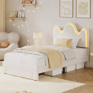 TWIN/FULL/Queen Bed Frame with LED Headboard and Under-Bed Drawer, Metal Upholstered Platform Bed with LED Light for Kids, Girls, Lamb Fleece Fabric, Wooden Slats Support, No Box Spring Needed, Pink