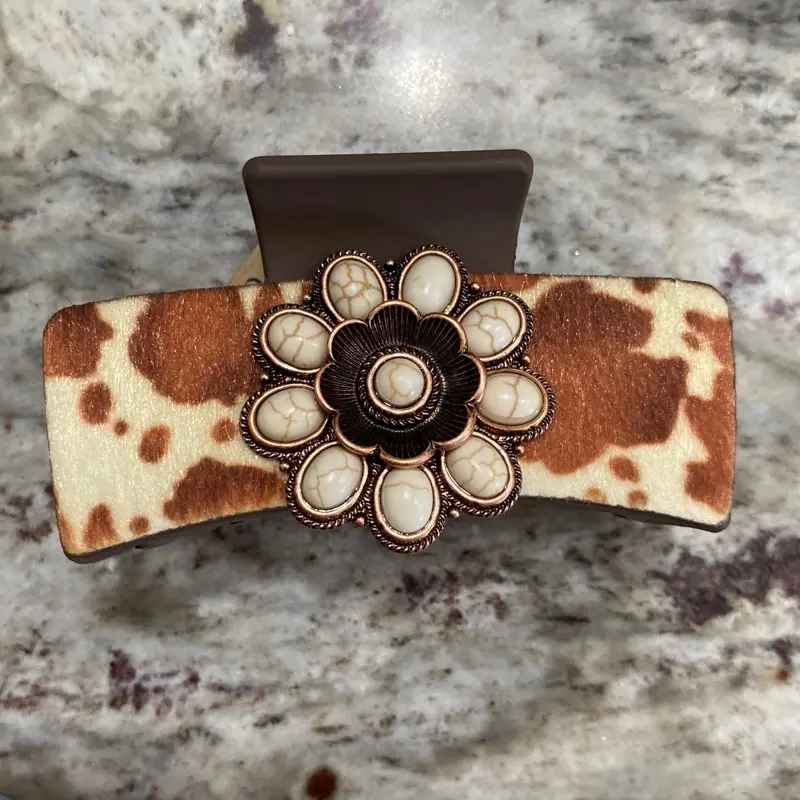 Cowhide Flower Concho Hair Claw Clip – Western Cowgirl Style