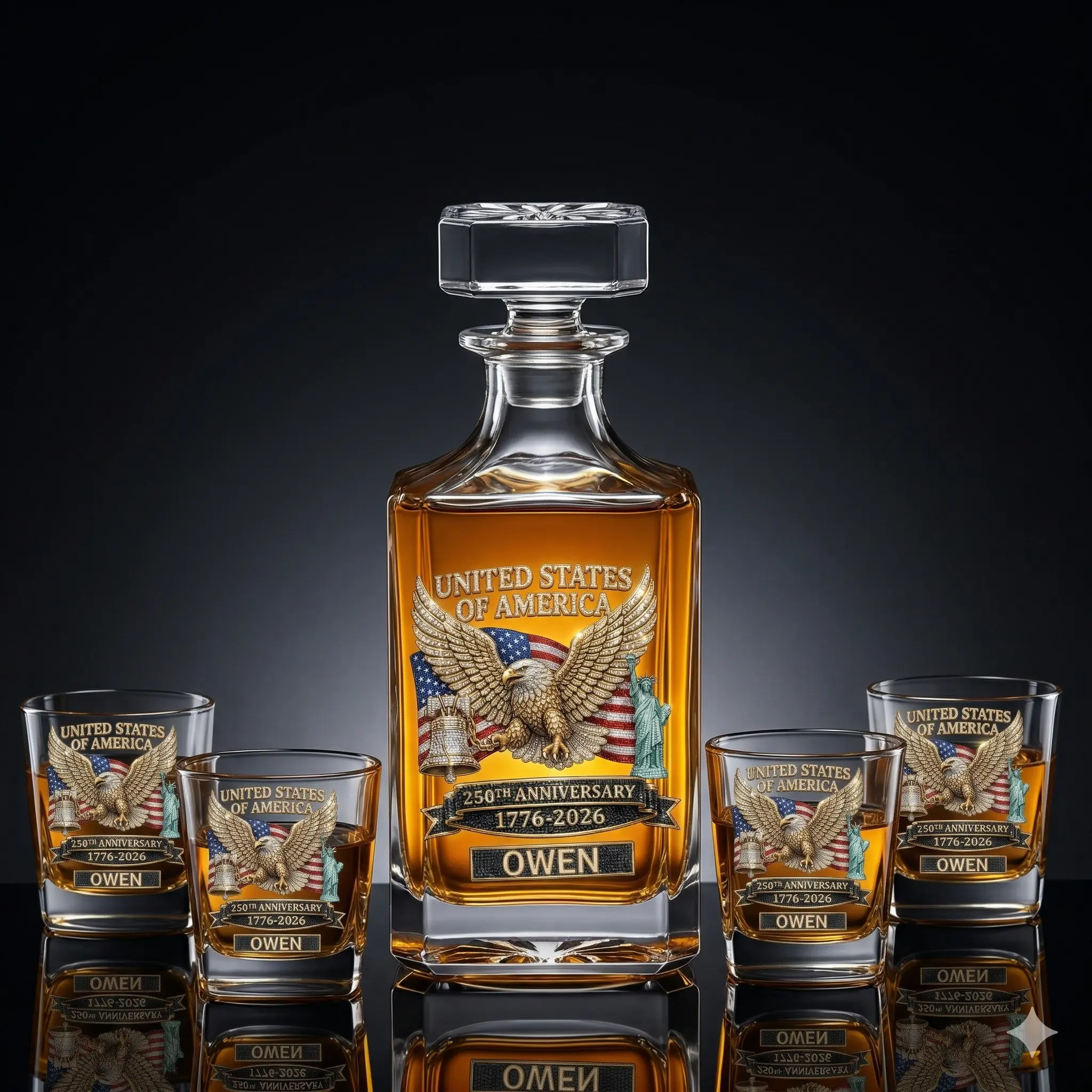 Personalized USA 250th Anniversary Whiskey Decanter Set – 750ml Square Glass Decanter with 4 Rocks Glasses – Custom Name Patriotic Gift